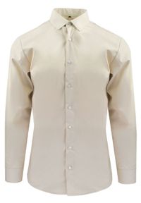 Delikatnie Wyszczuplana (Slim) Męska Koszula - Lanier - Beżowa. Kolor: brązowy, beżowy, wielokolorowy. Materiał: poliester, bawełna. Styl: sportowy, klasyczny #1