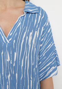 Born2be - Niebieska Sukienka z Bawełny i Lnu z Kołnierzykiem Bumstolia. Okazja: na co dzień. Typ kołnierza: dekolt w kształcie V. Kolekcja: plus size. Kolor: niebieski. Materiał: bawełna, len. Typ sukienki: proste, dla puszystych. Styl: casual #4