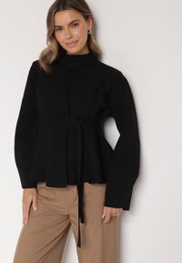 Born2be - Czarny Kardigan z Wiskozą i Wiązaniem w Pasie Tusvela. Okazja: na co dzień. Kolor: czarny. Materiał: wiskoza. Styl: casual #1