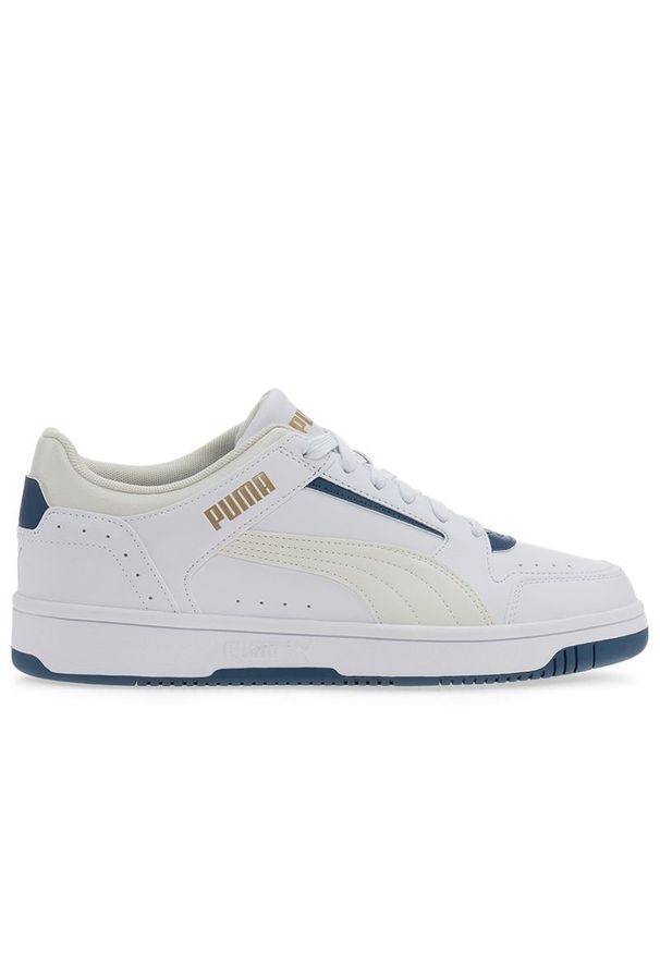 Buty Puma Rebound Joy Low 38074723 - białe. Zapięcie: pasek. Kolor: biały. Materiał: skóra, materiał, syntetyk, guma. Szerokość cholewki: normalna. Wzór: paski