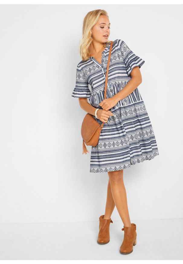 bonprix - Sukienka shirtowa z lejącego materiału z wiskozą. Kolor: biały. Materiał: materiał, wiskoza. Długość rękawa: krótki rękaw. Wzór: nadruk