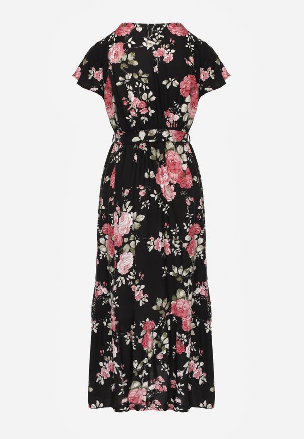 Renee - Czarna Sukienka w Kwiaty o Kopertowym Kroju z Wiązanym Paskiem Iphene. Okazja: na randkę. Kolor: czarny. Materiał: wiskoza, materiał. Długość rękawa: krótki rękaw. Wzór: kwiaty. Typ sukienki: kopertowe. Długość: maxi