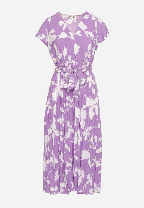 Born2be - Fioletowa Kopertowa Plisowana Sukienka z Gumką i Paskiem w Talii Denevia. Okazja: na co dzień. Kolor: fioletowy. Długość rękawa: krótki rękaw. Typ sukienki: kopertowe. Styl: casual