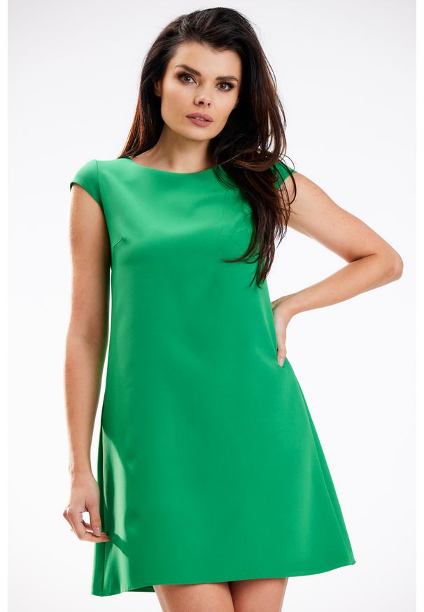 Awama - Trapezowa Mini Sukienka z Krótkim Rękawem - Zielona. Kolor: zielony. Materiał: poliester, elastan. Długość rękawa: krótki rękaw. Typ sukienki: trapezowe. Długość: mini