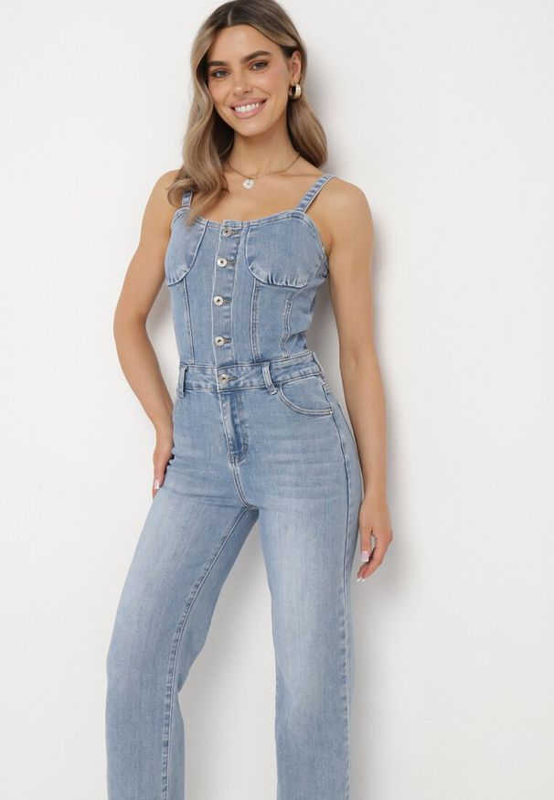 Born2be - Niebieski Jeansowy Kombinezon z Bawełny na Ramiączkach z Prostymi Nogawkami Laelliana. Kolor: niebieski. Materiał: bawełna, jeans. Długość rękawa: na ramiączkach. Sezon: lato