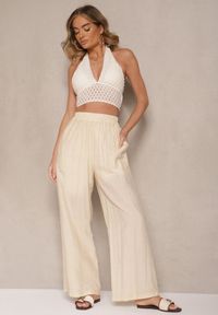 Renee - Jasnobeżowe Wiskozowe Spodnie Palazzo High Waist z Lnem Linaselia. Stan: podwyższony. Kolor: beżowy. Materiał: wiskoza, len. Sezon: lato