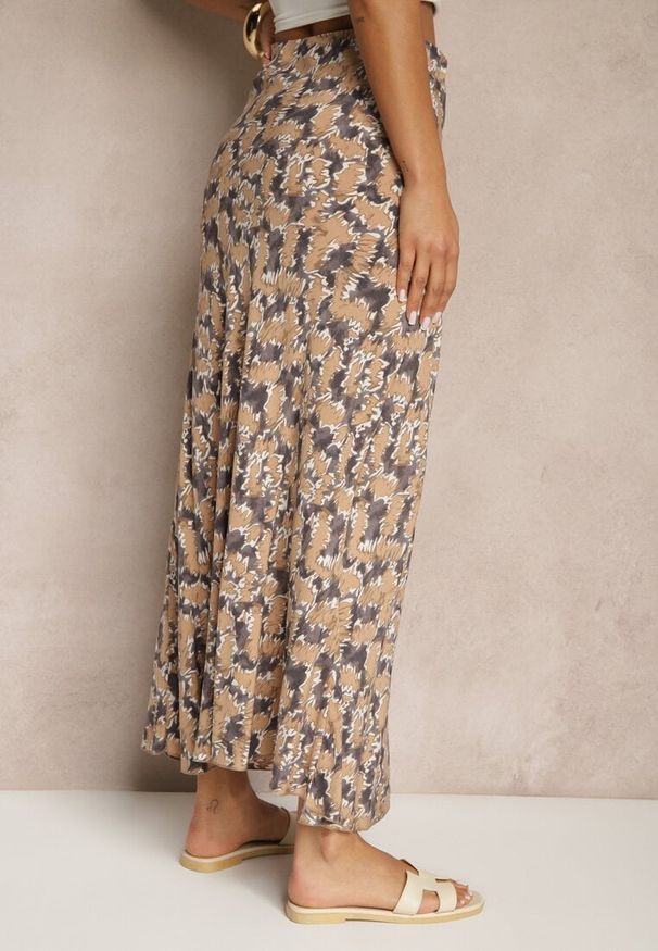 Renee - Szaro-Beżowa Rozkloszowana Spódnica z Wiskozy High Waist Fevanice. Okazja: na co dzień. Stan: podwyższony. Kolor: szary. Materiał: wiskoza. Styl: elegancki, casual
