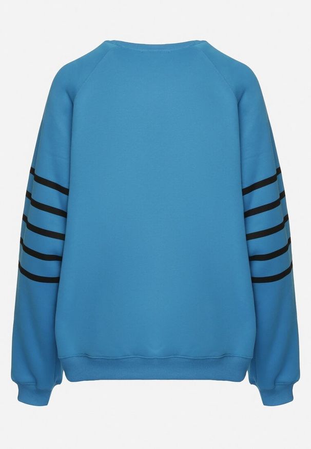 Born2be - Niebieska Dzianinowa Bluza z Polarem Ozdobiona Poziomymi Paskami Labril. Kolor: niebieski. Materiał: polar, dzianina. Wzór: aplikacja. Styl: klasyczny, elegancki