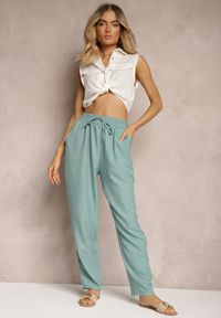 Renee - Miętowe Spodnie z Troczkiem w Pasie i Kieszeniami Ufalia. Okazja: na co dzień. Kolor: miętowy. Materiał: materiał. Styl: elegancki, casual #5