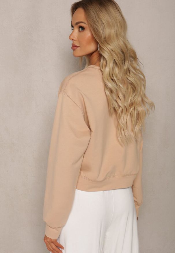 Renee - Beżowa Oversize Bluza z Bawełny o Krótkim Fasonie Sibolla. Kolor: beżowy. Materiał: bawełna. Długość: krótkie