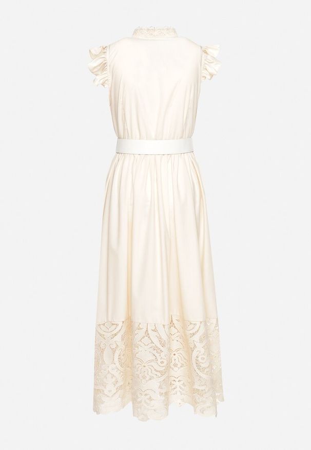 Born2be - Beżowa Sukienka Ażurowa o Koszulowym Kroju z Paskiem z Ekoskóry Trija. Okazja: na imprezę, na co dzień. Kolor: beżowy. Wzór: ażurowy. Typ sukienki: koszulowe. Styl: elegancki, casual