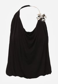 Renee - Czarny Marszczony Top Halter z Łańcuszkiem i Kwiatem Przy Dekolcie Idivanna. Okazja: na imprezę. Typ kołnierza: dekolt halter. Kolor: czarny. Materiał: jeans. Wzór: kwiaty. Styl: elegancki #6