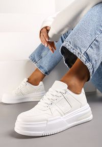 Born2be - Białe Sznurowane Sneakersy na Grubej Podeszwie Levitellia. Kolor: biały. Materiał: jeans #3