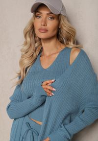 Renee - Niebieski Komplet z Dzianiny Spodnie o Luźnym Fasonie Bluzka i Niezapinany Kardigan Irithaele. Kolor: niebieski. Materiał: dzianina #4
