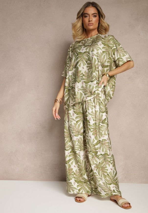 Renee - Ciemnozielony Komplet z Wiskozy Zdobiony Roślinnym Printem T-shirt i Szerokie Spodnie Evialena. Kolor: zielony. Materiał: wiskoza. Wzór: nadruk, aplikacja