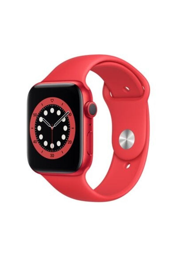 APPLE Watch 6 Cellular 44mm (Czerwony z opaską sportową w kolorze czerwonym). Rodzaj zegarka: smartwatch. Kolor: czerwony. Materiał: poliester, nylon, guma, materiał. Styl: sportowy
