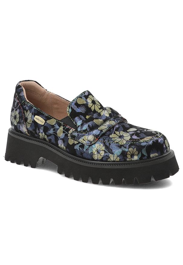 Półbuty damskie Laura Vita, zamszowe bogato zdobione na masywnej podeszwie i wsuwane, niebieskie, SL3011-3. Okazja: na co dzień. Zapięcie: bez zapięcia. Kolor: niebieski. Materiał: zamsz. Szerokość cholewki: normalna. Wzór: aplikacja, kwiaty. Styl: klasyczny, casual