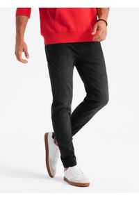 Ombre Clothing - Męskie jeansowe joggery z asymetrycznymi przeszyciami – czarne V3 - Rozmiar: L. Okazja: na co dzień. Kolor: czarny. Materiał: jeans. Wzór: aplikacja. Styl: casual, klasyczny, elegancki #1