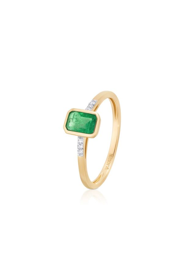 W.KRUK Piękny Złoty Pierścionek - złoto 585, Diament 0,03ct,szmaragd - ZIN/PB+375K. Materiał: złote. Kolor: złoty. Kamień szlachetny: diament, szmaragd