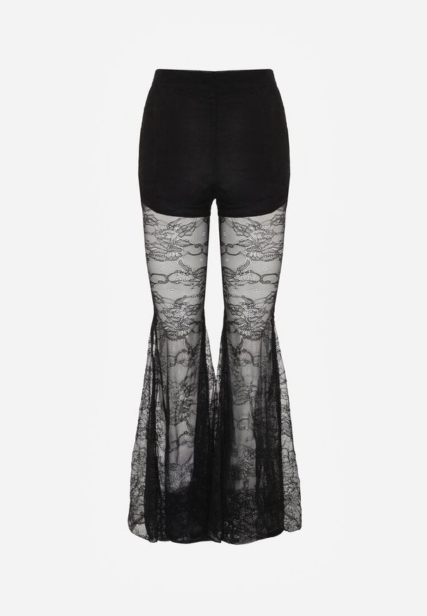 Renee - Czarne Spodnie High Waist o Kroju Dzwonów z Koronki Ferella. Okazja: na randkę. Stan: podwyższony. Kolor: czarny. Materiał: koronka. Wzór: koronka. Styl: klasyczny, elegancki