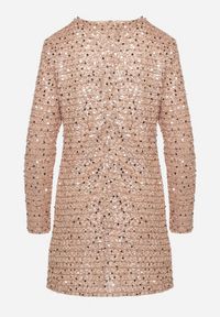 Born2be - Beżowo-Złota Koktajlowa Cekinowa Sukienka o Pudełkowym Kroju Sewilena. Okazja: na co dzień. Kolor: beżowy. Wzór: aplikacja. Styl: wizytowy #2