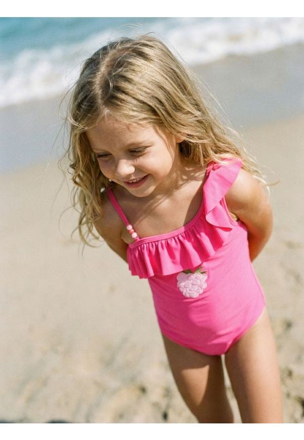 Sinsay - Strój kąpielowy z falbanką i haftowaną maliną - różowy. Kolor: różowy. Wzór: haft