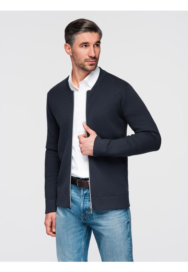Ombre Clothing - Sweter męski gładki na zamek – granatowy V1 - Rozmiar: L. Okazja: na co dzień. Kolor: niebieski. Materiał: poliamid, jersey, dzianina, wiskoza, poliester, jeans. Wzór: gładki. Styl: casual