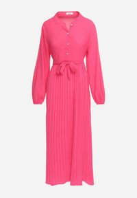 Born2be - Różowa Rozkloszowana Sukienka Maxi z Plisowanym Dołem i Wiązanym Paskiem Nollira. Kolor: różowy. Materiał: materiał. Długość rękawa: długi rękaw. Typ sukienki: plisowane. Styl: elegancki. Długość: maxi #7