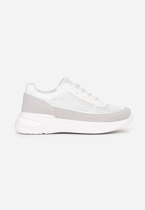 Born2be - Srebrne Sneakersy z Cyrkoniami na Cholewce Diselva. Kolor: biały. Szerokość cholewki: normalna