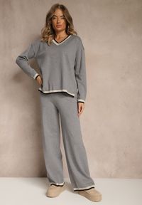 Renee - Szary Komplet Dzianinowy Sweter i Spodnie Wide Leg z Ozdobną Lamówką Ralenia. Kolor: szary. Materiał: dzianina. Wzór: aplikacja