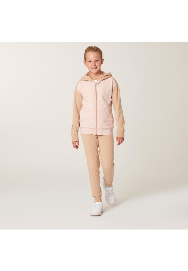 DOMYOS - Dres dziecięcy Domyos 500. Kolekcja: plus size. Kolor: beżowy, wielokolorowy, różowy. Materiał: dresówka. Styl: sportowy