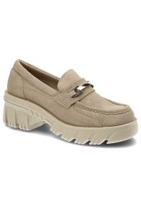 Półbuty damskie Lemar, naturalna skóra zamszowa masywna podeszwa o wyrazistym bieżniku metalowy detal, bez/zł, 20110-W. Zapięcie: klamry, bez zapięcia. Kolor: beżowy. Materiał: skóra, zamsz. Szerokość cholewki: normalna. Obcas: na obcasie. Styl: elegancki. Wysokość obcasa: niski #1
