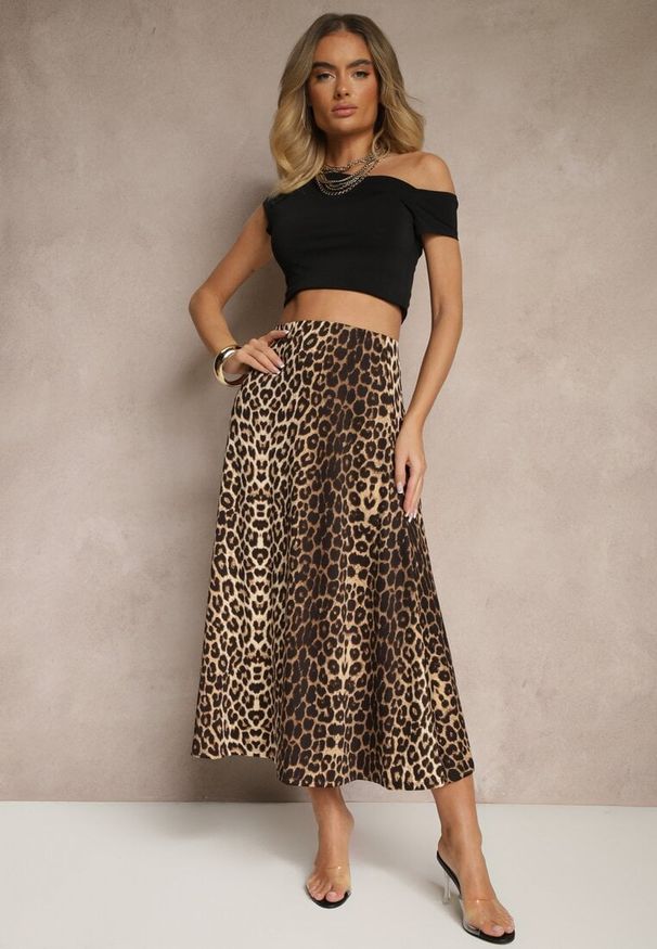 Renee - Brązowa Trapezowa Spódnica w Panterkę High Waist w Panterkowy Wzór z Gumką w Pasie Iliga. Okazja: na co dzień. Stan: podwyższony. Kolor: brązowy. Wzór: motyw zwierzęcy. Styl: casual, elegancki