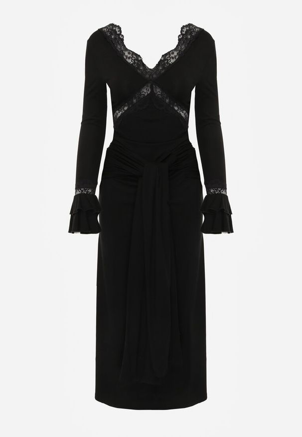 Renee - Czarna Wiskozowa Sukienka Wieczorowa z Falbanami Koronką i Wiązanym Trenem Lenivna. Okazja: na wesele, na ślub cywilny. Kolor: czarny. Materiał: wiskoza, koronka. Wzór: koronka. Styl: wizytowy