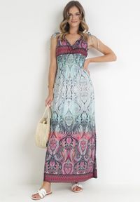 Born2be - Bordowo-Niebieska Rozkloszowana Sukienka Maxi z Cienkimi Gumkami w Pasie i Kopertowym Dekoltem Clothilda. Typ kołnierza: dekolt kopertowy. Kolor: niebieski. Sezon: wiosna, lato. Typ sukienki: kopertowe. Długość: maxi #2