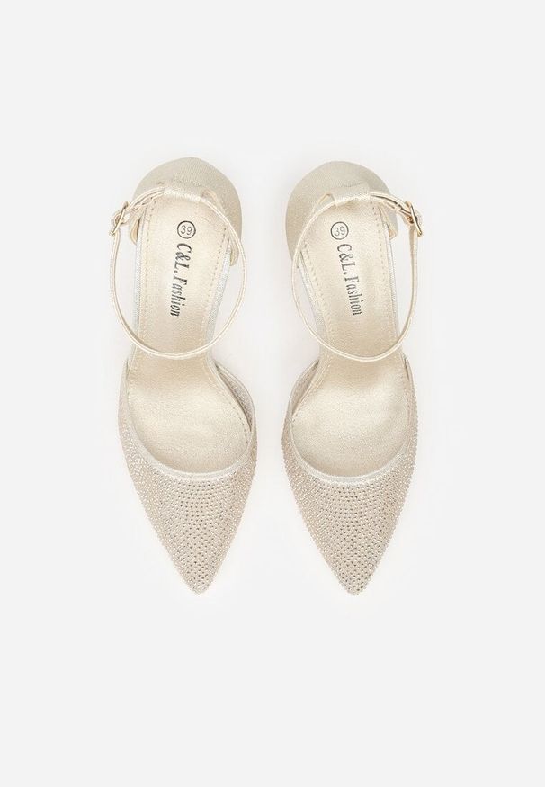 Born2be - Złote Czółenka na Obcasie Ozdobione Brokatem i Cyrkoniami Prisnara. Okazja: na co dzień. Zapięcie: sprzączka. Kolor: złoty. Materiał: jeans. Wzór: aplikacja. Obcas: na obcasie. Styl: klasyczny, casual, elegancki. Wysokość obcasa: średni