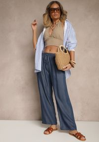 Renee - Granatowe Bawełniane Spodnie o Szerokim Kroju z Wiązaniem Eviponi. Okazja: na co dzień. Kolor: niebieski. Materiał: bawełna. Styl: elegancki, casual #5