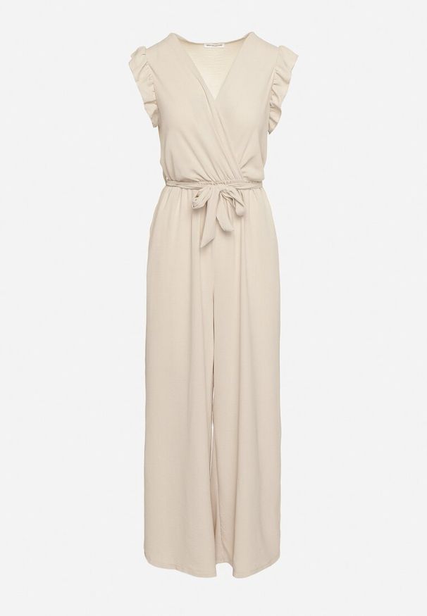 Born2be - Beżowy Taliowany Kombinezon Koktajlowy z Paskiem w Talii i Falbanami przy Ramionach Vimarine. Okazja: na imprezę. Kolor: beżowy. Materiał: jeans. Styl: wizytowy