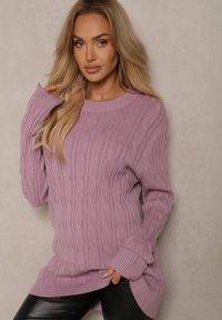 Renee - Fioletowy Sweter z Wiskozą Ozdobiony Tłoczeniem Savra. Okazja: na randkę, na co dzień. Kolor: fioletowy. Materiał: wiskoza. Wzór: aplikacja. Styl: casual, elegancki