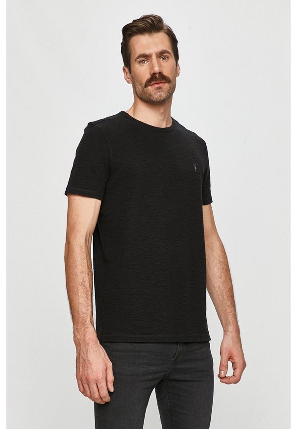 AllSaints - T-shirt. Okazja: na co dzień. Kolor: czarny. Materiał: dzianina. Wzór: gładki. Styl: casual