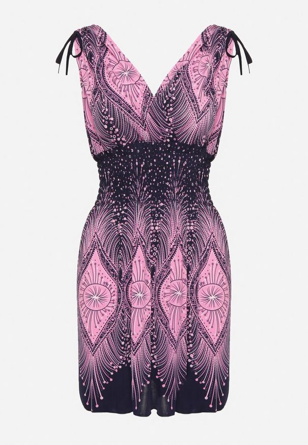 Born2be - Różowa Sukienka Rozkloszowana ze Ściągaczami przy Ramionach w Abstrakcyjny Wzór Filinea. Okazja: na co dzień, na imprezę. Typ kołnierza: dekolt w kształcie V. Kolor: różowy. Materiał: jeans. Typ sukienki: rozkloszowane, proste. Styl: klasyczny, casual, elegancki