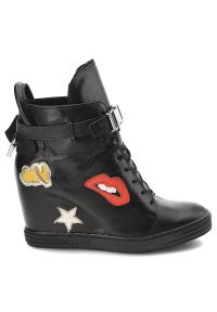 Sneakersy damskie Simen, z ukrytą koturną i ozdobną klamrą, czarne, 9502-Sandro-04. Okazja: na co dzień. Zapięcie: klamry. Kolor: czarny. Materiał: skóra, jeans. Wzór: aplikacja. Obcas: na koturnie. Styl: casual #3