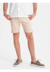 Ombre Clothing - Jeansowe męskie klasyczne szorty z podwiniętą nogawką – kremowe V2 OM-SRDS-0162 - XXL. Kolor: kremowy. Materiał: jeans. Sezon: lato. Styl: klasyczny