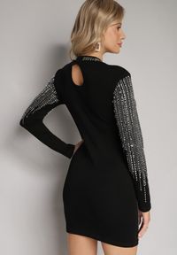 Born2be - Czarno-Srebrna Dopasowana Sukienka Mini w Cyrkonie Faola. Kolor: czarny. Wzór: aplikacja. Długość: mini #2