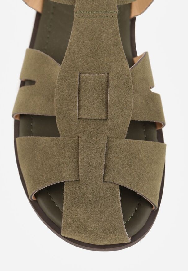 Renee - Zielone Sandały Gladiatorki z Imitacji Nubuku Zapinane na Sprzączkę Briannea. Zapięcie: sprzączka. Kolor: zielony. Materiał: nubuk. Wzór: haft. Sezon: lato. Styl: elegancki