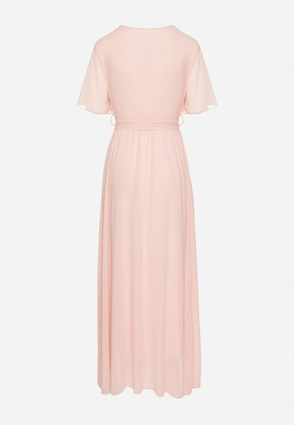 Born2be - Jasnoróżowa Kopertowa Sukienka z Gumką w Pasie i Plisowaną Górą Davitri. Kolor: różowy. Materiał: materiał. Długość rękawa: krótki rękaw. Typ sukienki: kopertowe. Długość: maxi