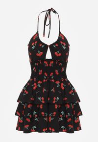Renee - Czarna Sukienka Halter o Rozkloszowanym Kroju z Falbanami w Wisienki Lanelora. Okazja: na co dzień. Typ kołnierza: dekolt halter. Kolor: czarny. Materiał: bawełna. Styl: casual #5