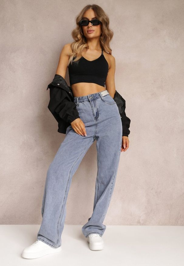 Renee - Niebieskie Szerokie Jeansy High Waist Onte. Okazja: na co dzień. Stan: podwyższony. Kolor: niebieski. Wzór: aplikacja. Styl: casual