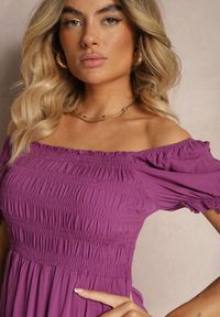Renee - Ciemnofioletowa Bawełniana Sukienka o Rozkloszowanym Kroju z Gumką przy Dekolcie Moridia. Kolor: fioletowy. Materiał: bawełna. Typ sukienki: rozkloszowane. Styl: elegancki #3