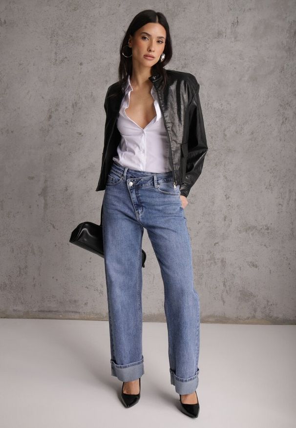 Renee - Niebieskie Asymetryczne Jeansy z Bawełny z Podwiniętymi Nogawkami Kenavia. Okazja: na co dzień, na spacer. Kolor: niebieski. Styl: elegancki, casual